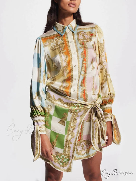 Unique Printed Irregular Charming Knotted Mini Dress Multicolor / S