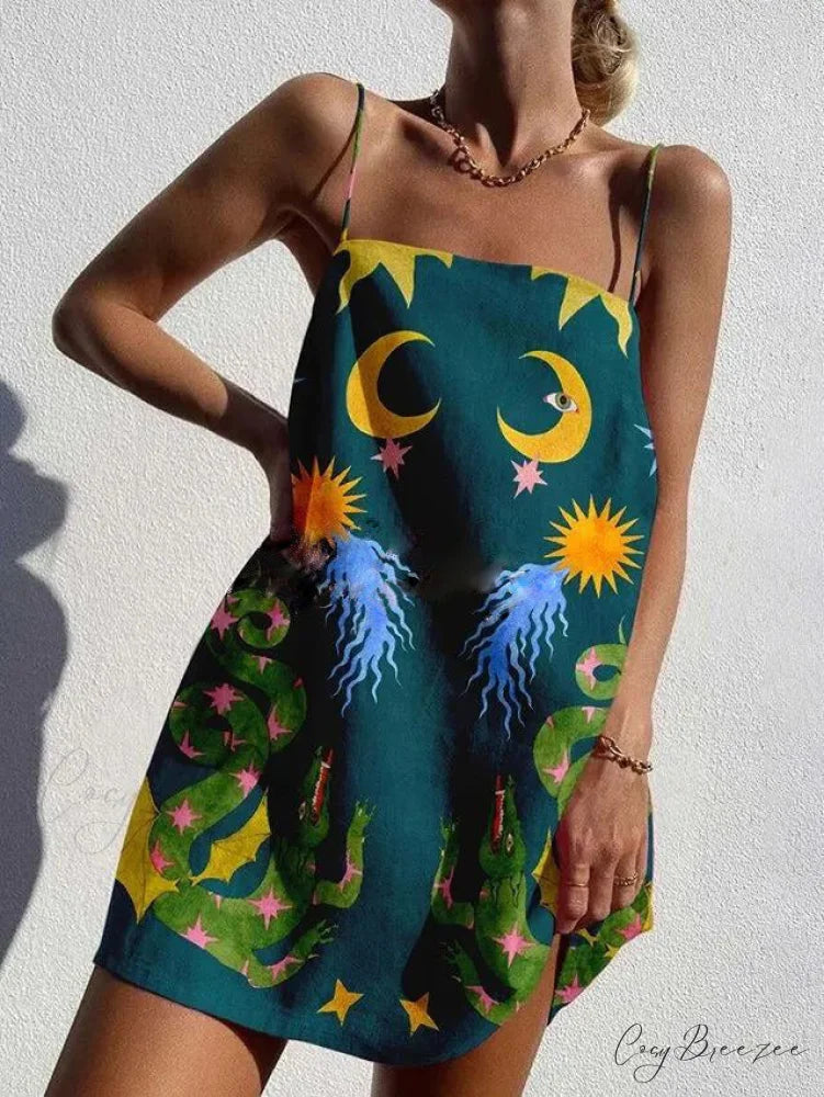 Unique Printed Spaghetti Charming Strap Backless Mini Dress