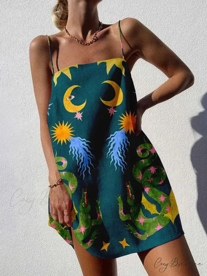 Unique Printed Spaghetti Charming Strap Backless Mini Dress Dark Green / S