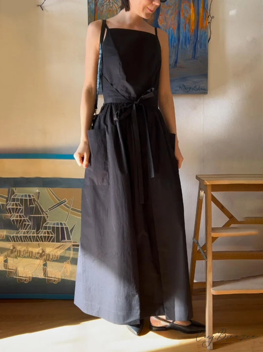 Unique Side Slit Charming Lace-Up Pocket Vest Dress Black / S