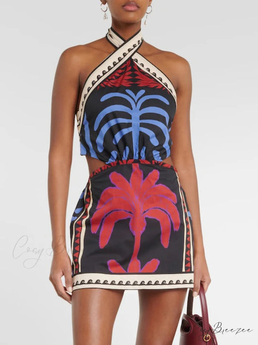Unique Summer Print Charming Halter Neck Mini Dress Multi-Color / S