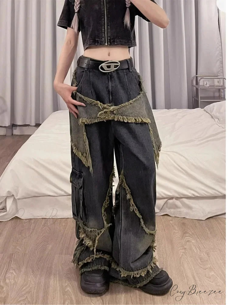 Unique Versatile Straight Leg High Waist Summer Loose Wide Leg Vintage Style Women’s Jean Retro Blue / S