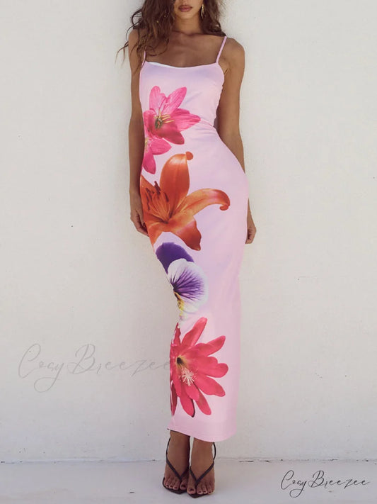 Unique Violet Floral Charming Print Strap Midi Dress Pink / S