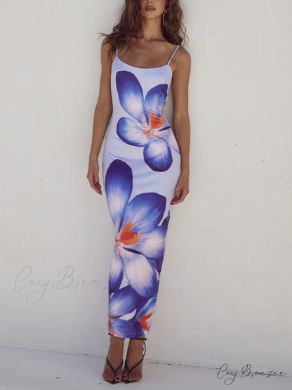 Unique Violet Floral Charming Print Strap Midi Dress Purple / S