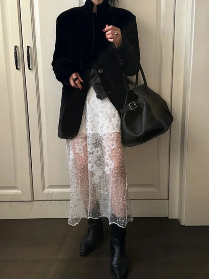 Unique White Lace Beaded Sequins High Waist Skirt Women’s Trend skirt-250126