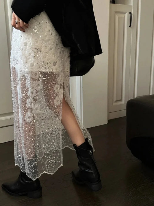 Unique White Lace Beaded Sequins High Waist Skirt Women’s Trend White / S skirt-250126