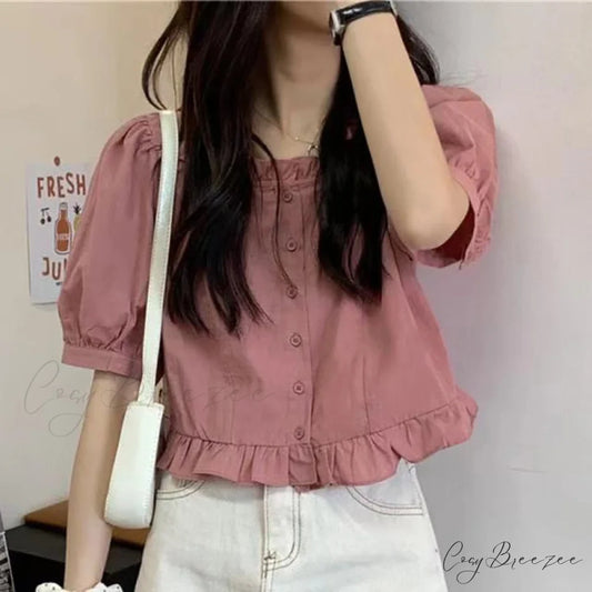 Up Cute Ruffles Women’s Waist Button Blouse Clothing High Puff Youth Crop Warm-Season Top White Arm Elegant Pink / S
