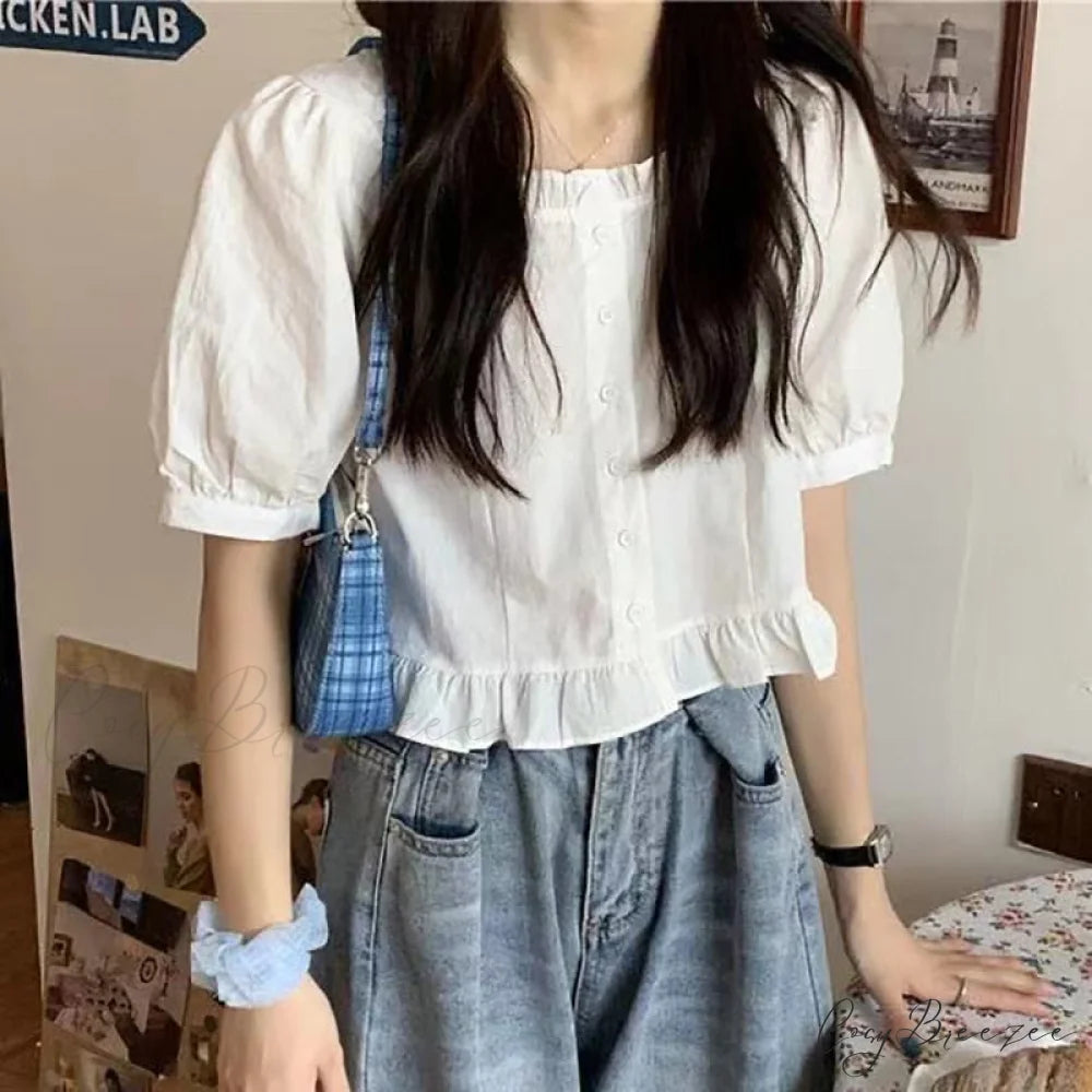 Up Cute Ruffles Women’s Waist Button Blouse Clothing High Puff Youth Crop Warm-Season Top White Arm Elegant White / S