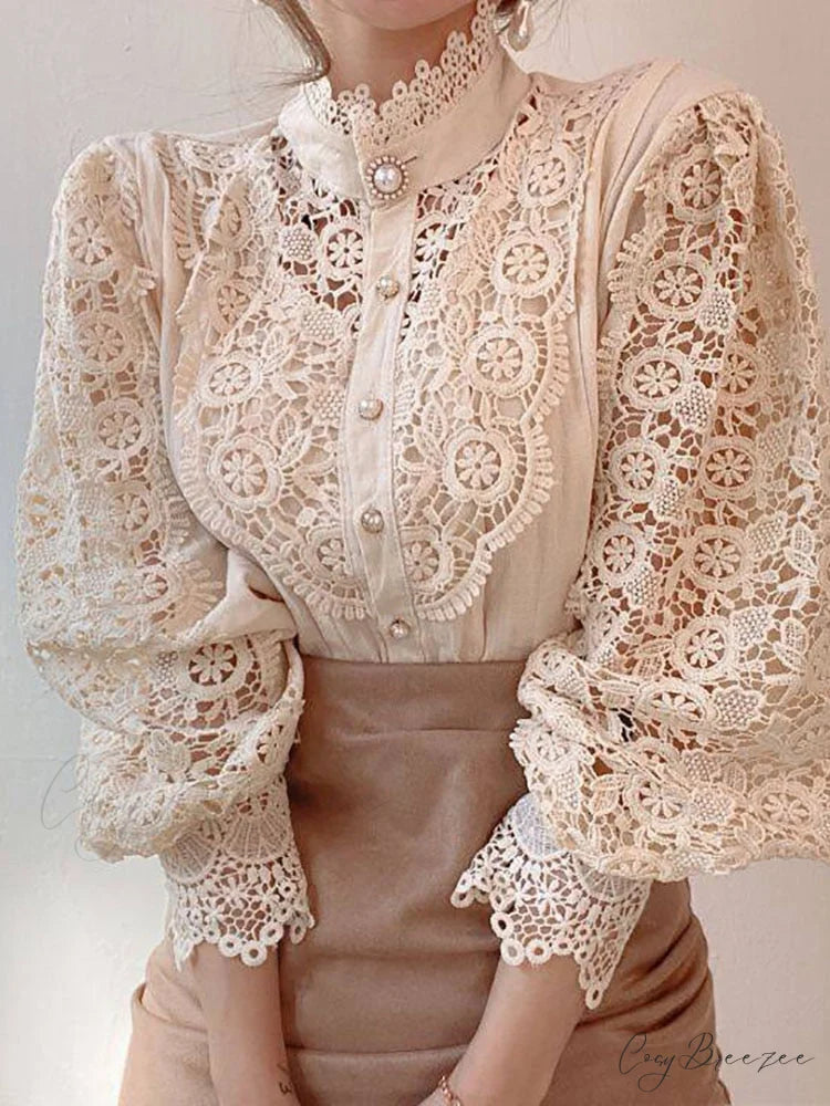 Up Pink Arm Lace Vintage Spliced Button Blouse Women’s Long Casual Top 2-Beige / S