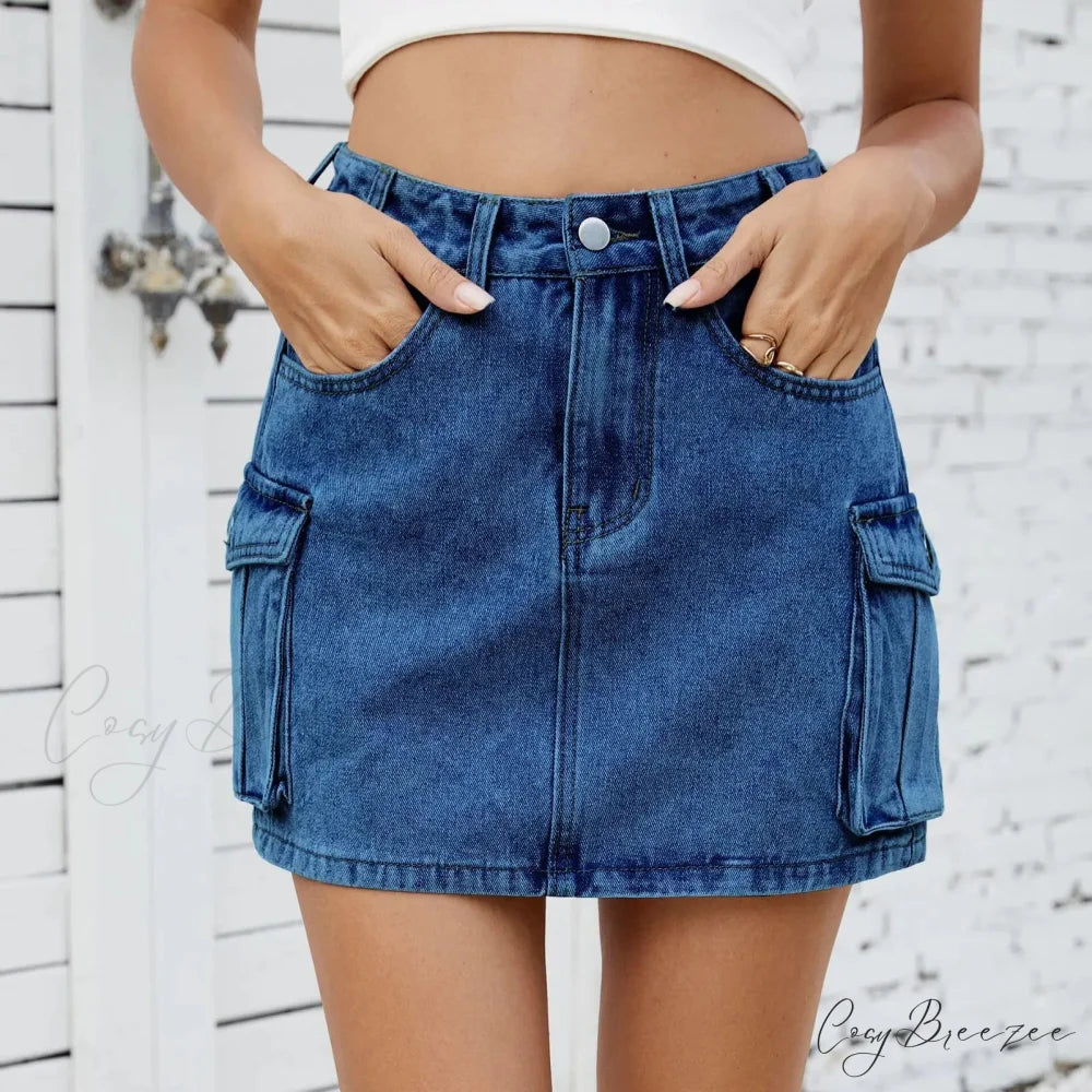 Utility Pocket Washed Denim Skirt Dark Blue / S skirts-250223