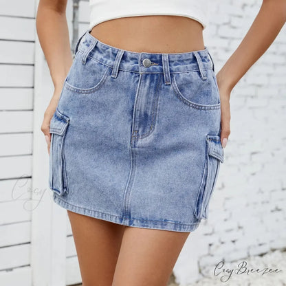 Utility Pocket Washed Denim Skirt skirts-250223
