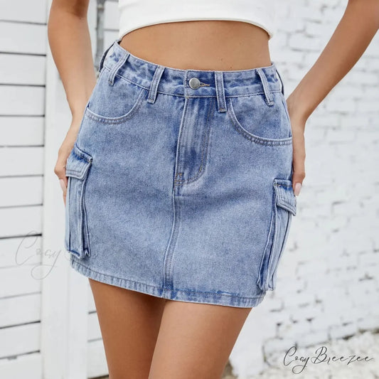 Utility Pocket Washed Denim Skirt skirts-250223