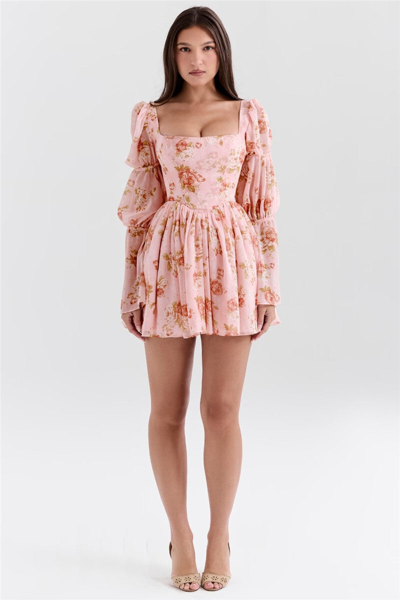 Pat Puff Sleeve Floral Print Sexy Mini Dress