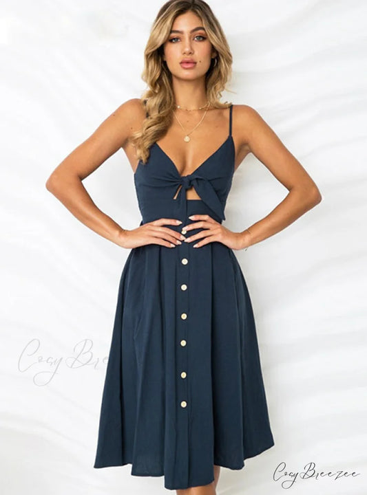 V Backless Midi Length Tunic Beach Dress S / Blue
