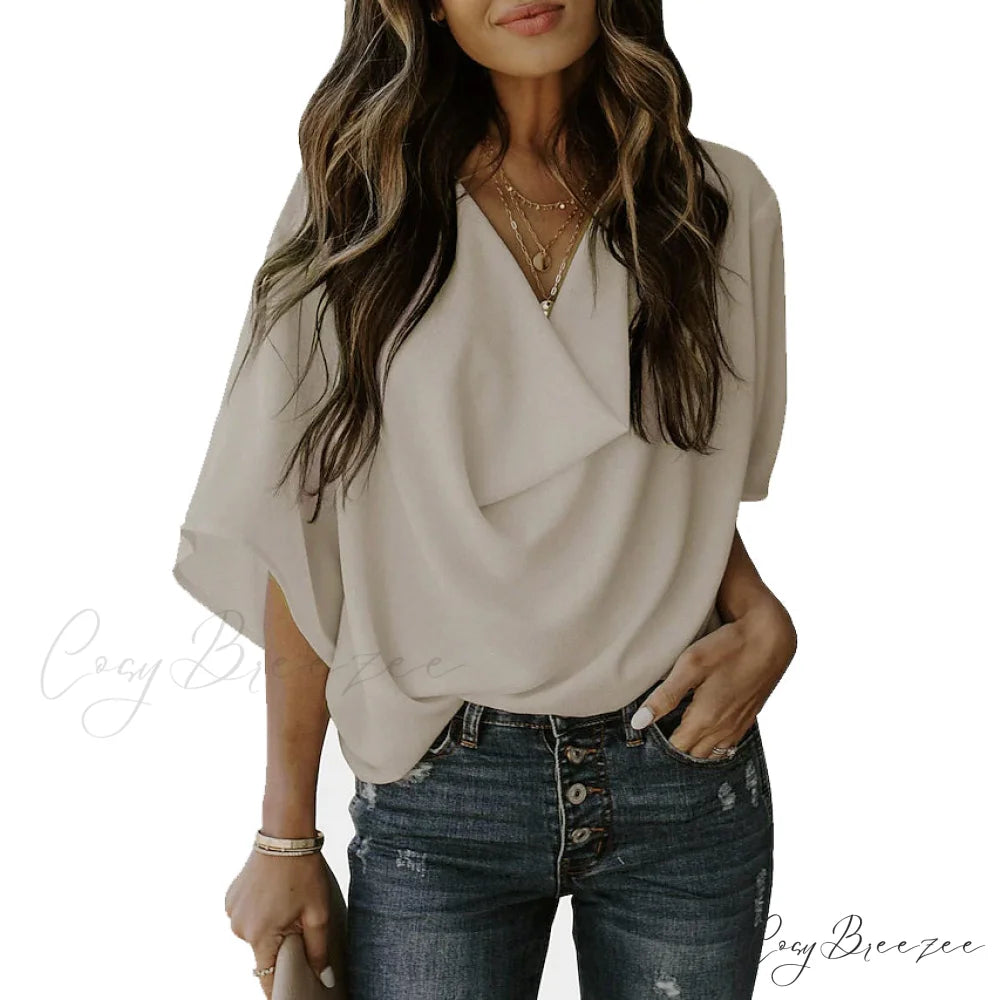 V Basic Neck Plain Blouse Women’s - Top Almond / S
