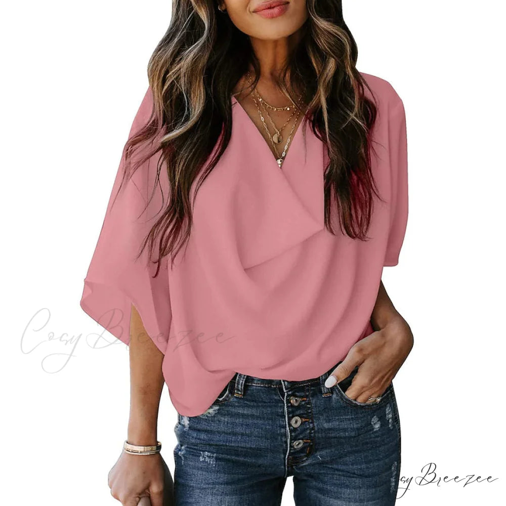 V Basic Neck Plain Blouse Women’s - Top Pink / S