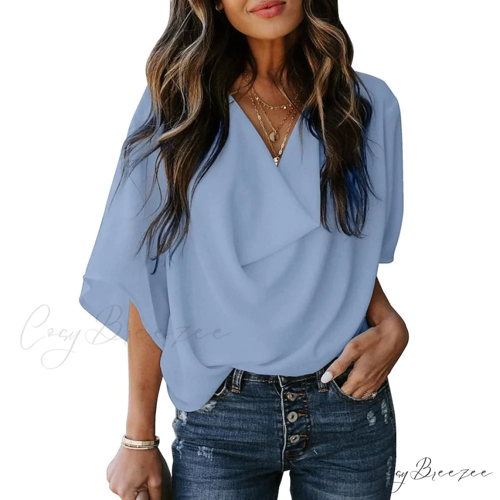 V Basic Neck Plain Blouse Women’s - Top Sky Blue / S