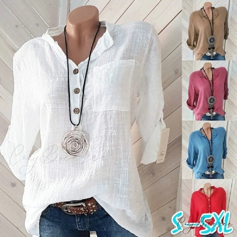 V Blouse Size - Cotton Autumn Oversized Neck Blouse Linen - Long Casual Plus Arm Women’s S-5XL