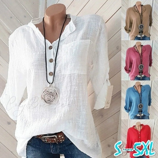 V Blouse Size - Cotton Autumn Oversized Neck Blouse Linen - Long Casual Plus Arm Women’s S-5XL