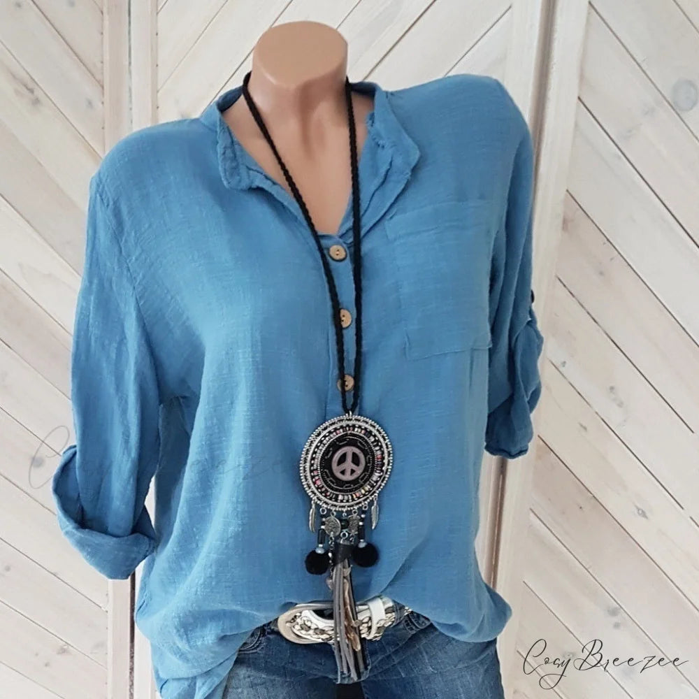 V Blouse Size - Cotton Autumn Oversized Neck Blouse Linen - Long Casual Plus Arm Women’s S-5XL Blue / S
