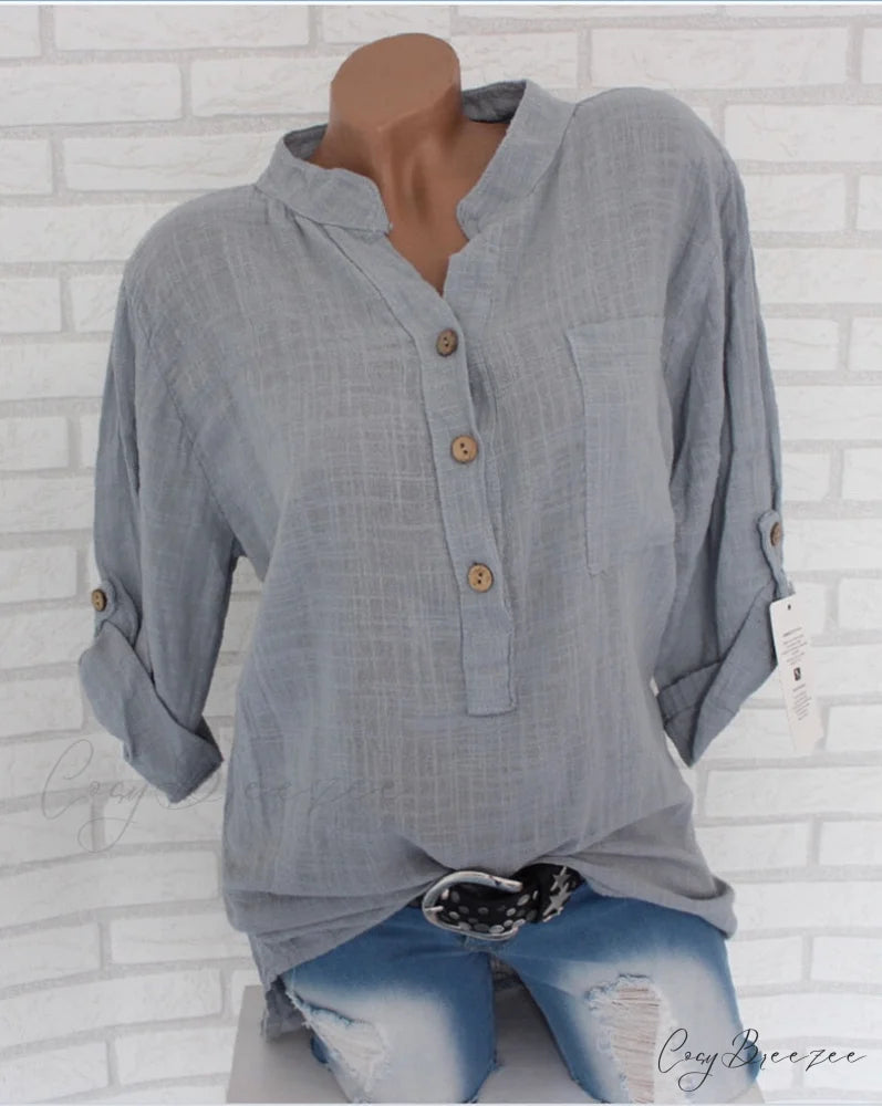 V Blouse Size - Cotton Autumn Oversized Neck Blouse Linen - Long Casual Plus Arm Women’s S-5XL Gray / S