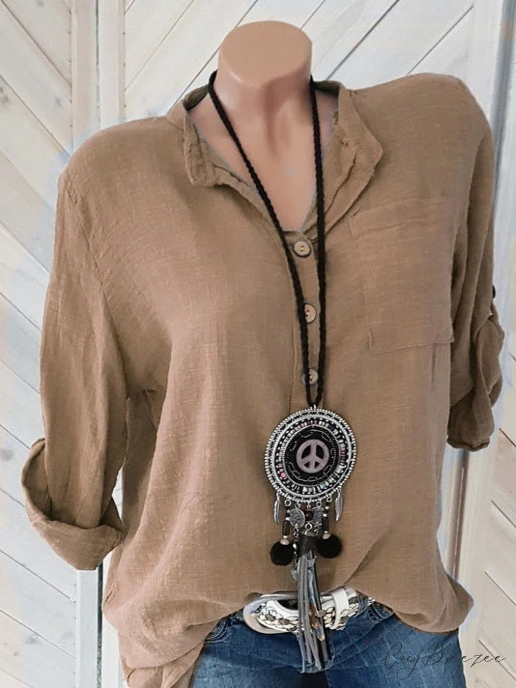 V Blouse Size - Cotton Autumn Oversized Neck Blouse Linen - Long Casual Plus Arm Women’s S-5XL Khaki / S