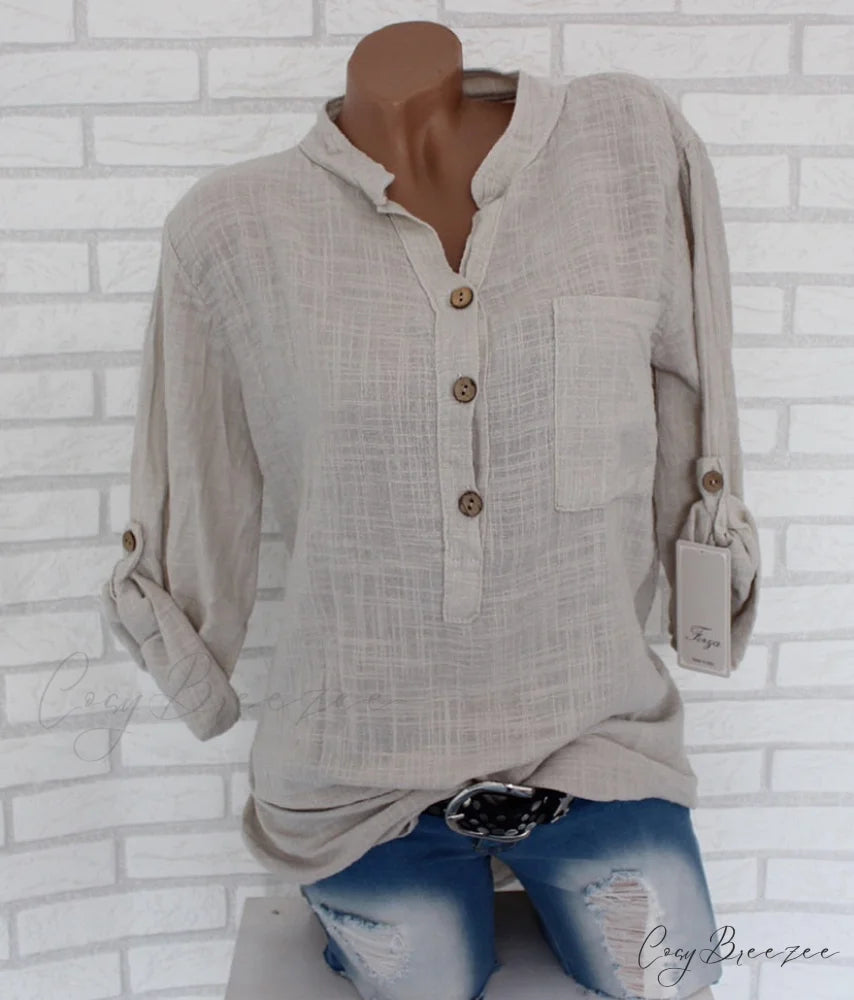 V Blouse Size - Cotton Autumn Oversized Neck Blouse Linen - Long Casual Plus Arm Women’s S-5XL light apricot / S