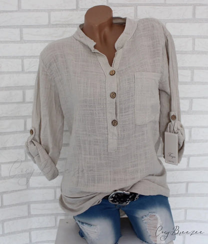 V Blouse Size - Cotton Autumn Oversized Neck Blouse Linen - Long Casual Plus Arm Women’s S-5XL light apricot / S