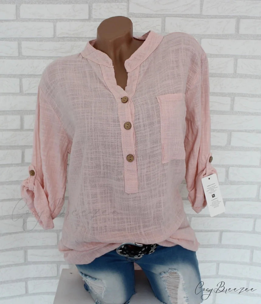 V Blouse Size - Cotton Autumn Oversized Neck Blouse Linen - Long Casual Plus Arm Women’s S-5XL Pink / S