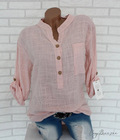 V Blouse Size - Cotton Autumn Oversized Neck Blouse Linen - Long Casual Plus Arm Women’s S-5XL Pink / S