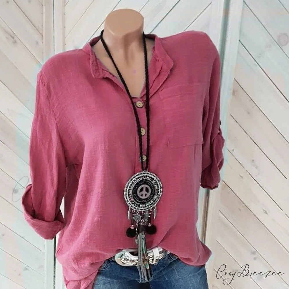 V Blouse Size - Cotton Autumn Oversized Neck Blouse Linen - Long Casual Plus Arm Women’s S-5XL Rose / S
