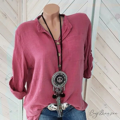 V Blouse Size - Cotton Autumn Oversized Neck Blouse Linen - Long Casual Plus Arm Women’s S-5XL Rose / S