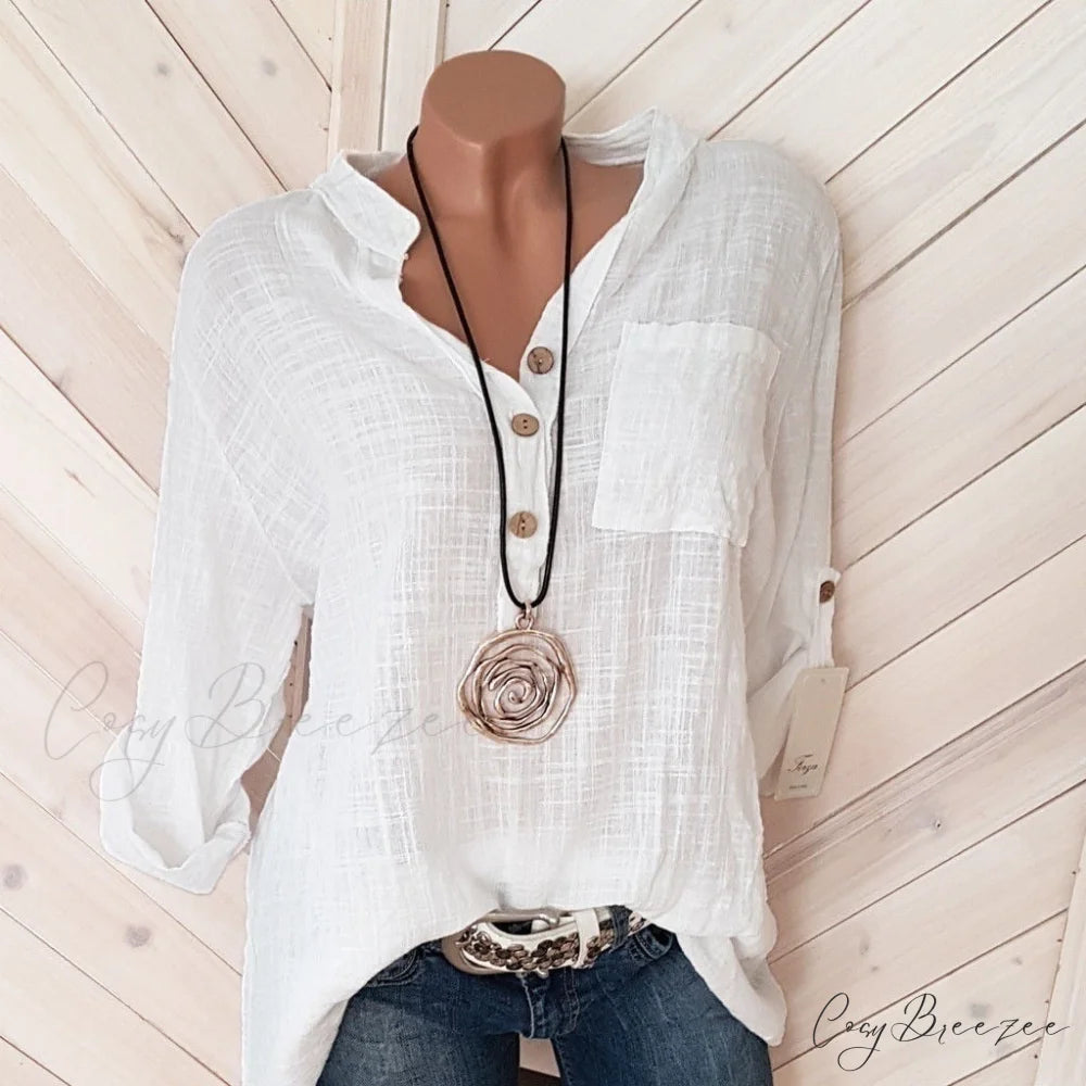 V Blouse Size - Cotton Autumn Oversized Neck Blouse Linen - Long Casual Plus Arm Women’s S-5XL white / S