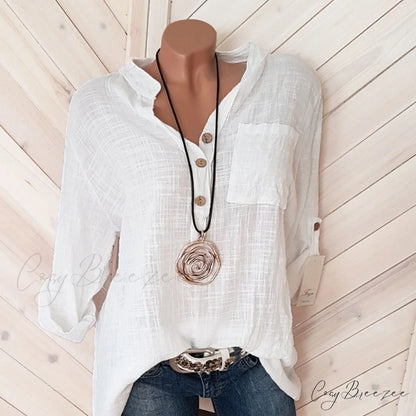 V Blouse Size - Cotton Autumn Oversized Neck Blouse Linen - Long Casual Plus Arm Women’s S-5XL white / S