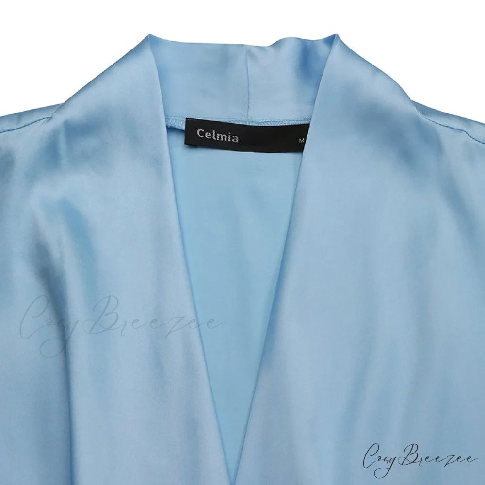 V Blusa Blouse Long 2024 Elegant Casual Solid Arm Blouse Deep Tunic Top Satin Wrap Neck Fashion Feminina