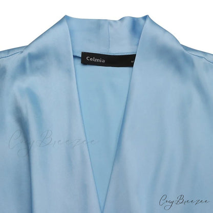 V Blusa Blouse Long 2024 Elegant Casual Solid Arm Blouse Deep Tunic Top Satin Wrap Neck Fashion Feminina