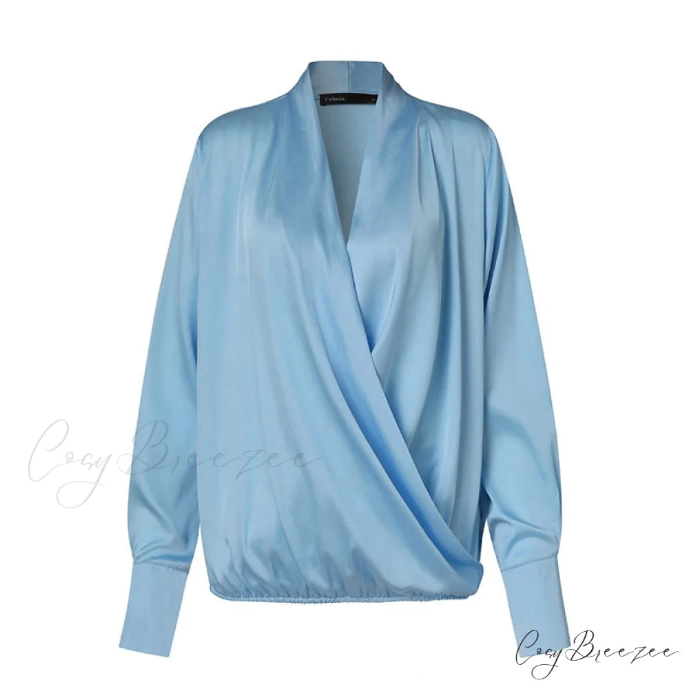 V Blusa Blouse Long 2024 Elegant Casual Solid Arm Blouse Deep Tunic Top Satin Wrap Neck Fashion Feminina