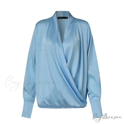 V Blusa Blouse Long 2024 Elegant Casual Solid Arm Blouse Deep Tunic Top Satin Wrap Neck Fashion Feminina