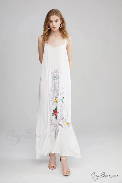 V Collar Embroidery Oversized Casual Cotton Boho Dress bohodress-250126