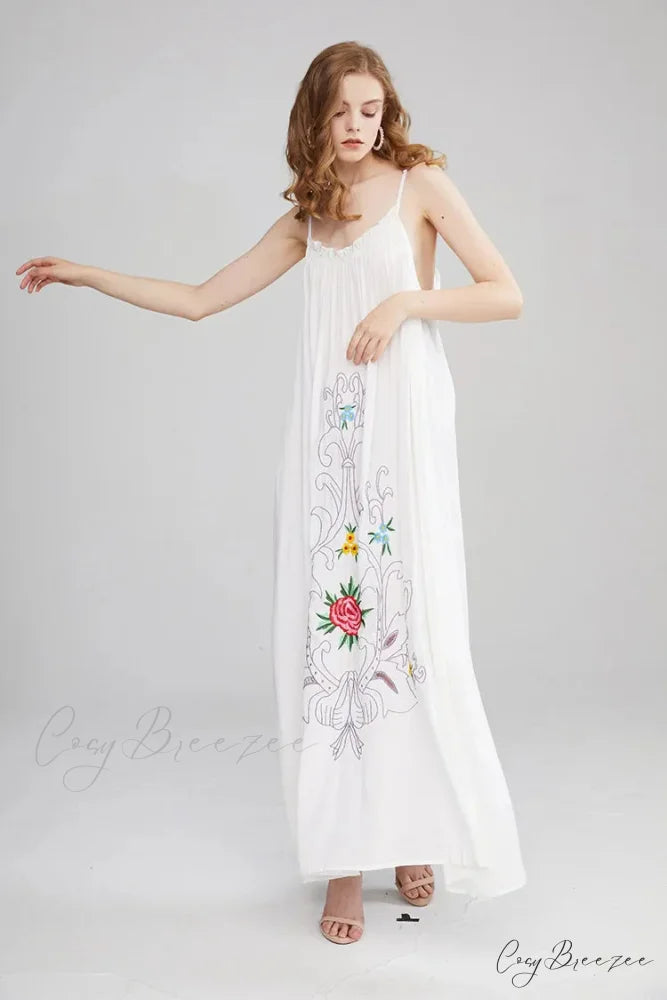 V Collar Embroidery Oversized Casual Cotton Boho Dress bohodress-250126