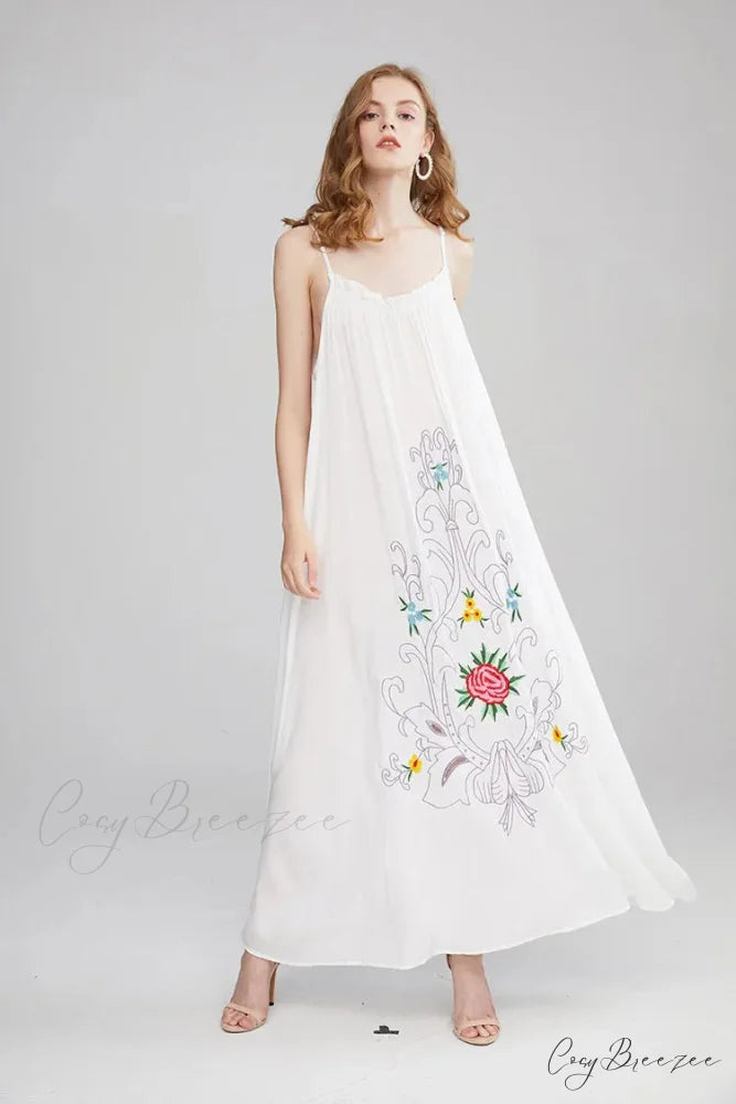 V Collar Embroidery Oversized Casual Cotton Boho Dress bohodress-250126