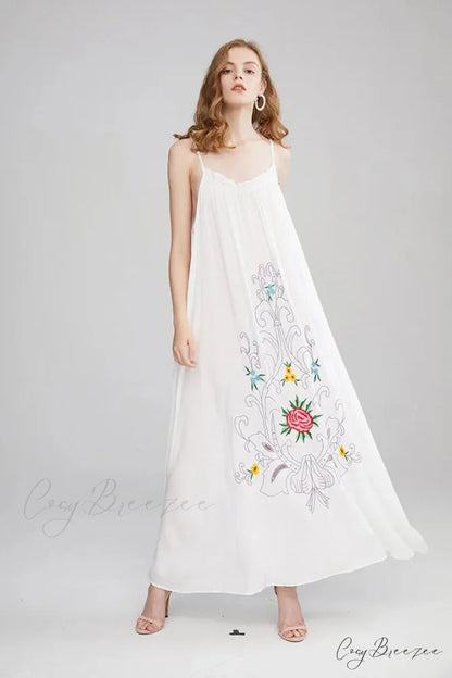 V Collar Embroidery Oversized Casual Cotton Boho Dress bohodress-250126