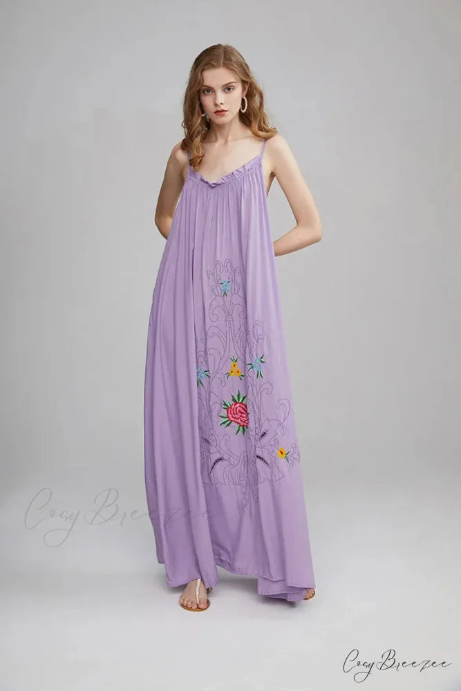 V Collar Embroidery Oversized Casual Cotton Boho Dress bohodress-250126
