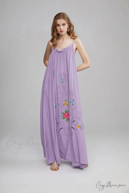 V Collar Embroidery Oversized Casual Cotton Boho Dress bohodress-250126