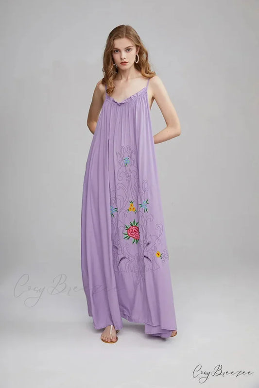 V Collar Embroidery Oversized Casual Cotton Boho Dress bohodress-250126