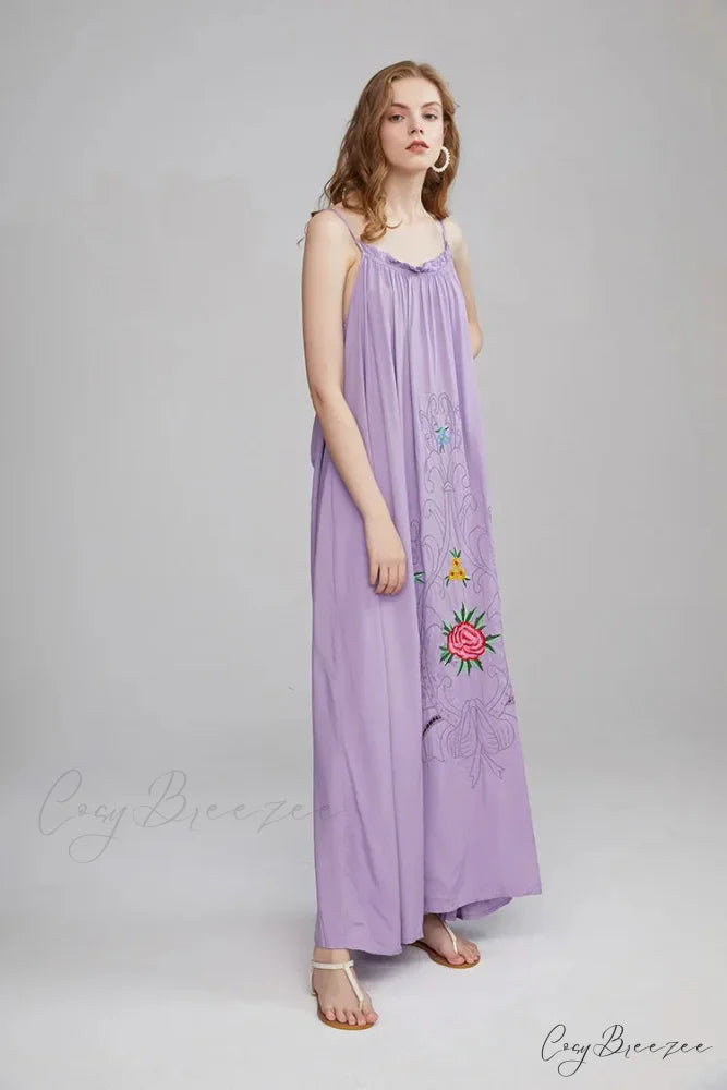 V Collar Embroidery Oversized Casual Cotton Boho Dress bohodress-250126