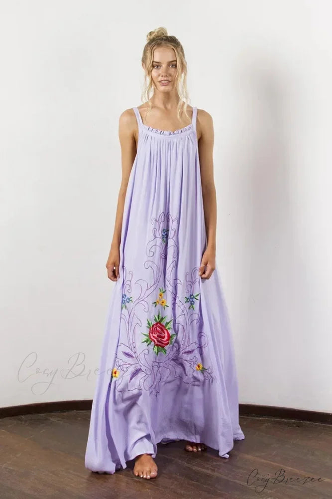 V Collar Embroidery Oversized Casual Cotton Boho Dress PURPLE / S bohodress-250126