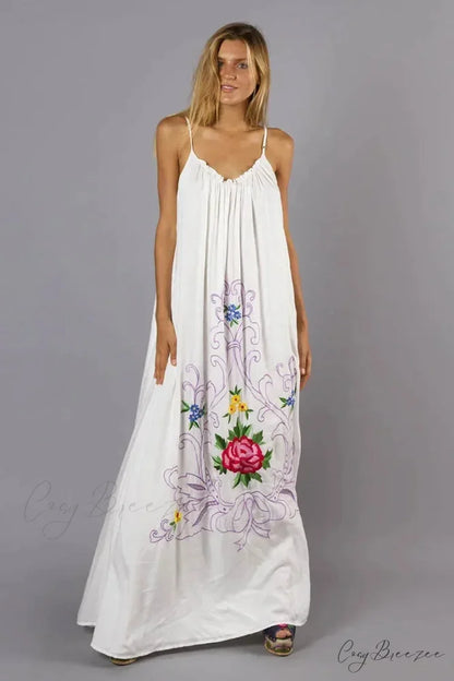 V Collar Embroidery Oversized Casual Cotton Boho Dress WHITE / S bohodress-250126