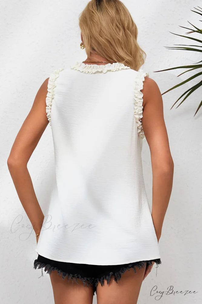 V in Trim Tank Neck Frilled Top Beige