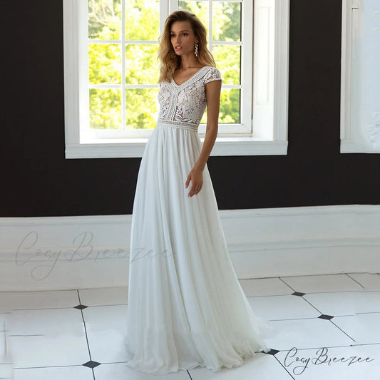 V-Neck A-Line Chiffon Bridal Wedding Dress lvory white / 2 weddingdress-250223